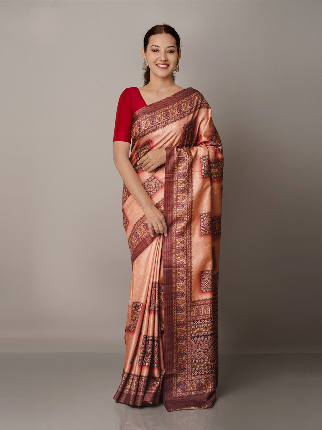 

Unnati Silks Pink & Brown Ethnic Motifs Block Print Saree