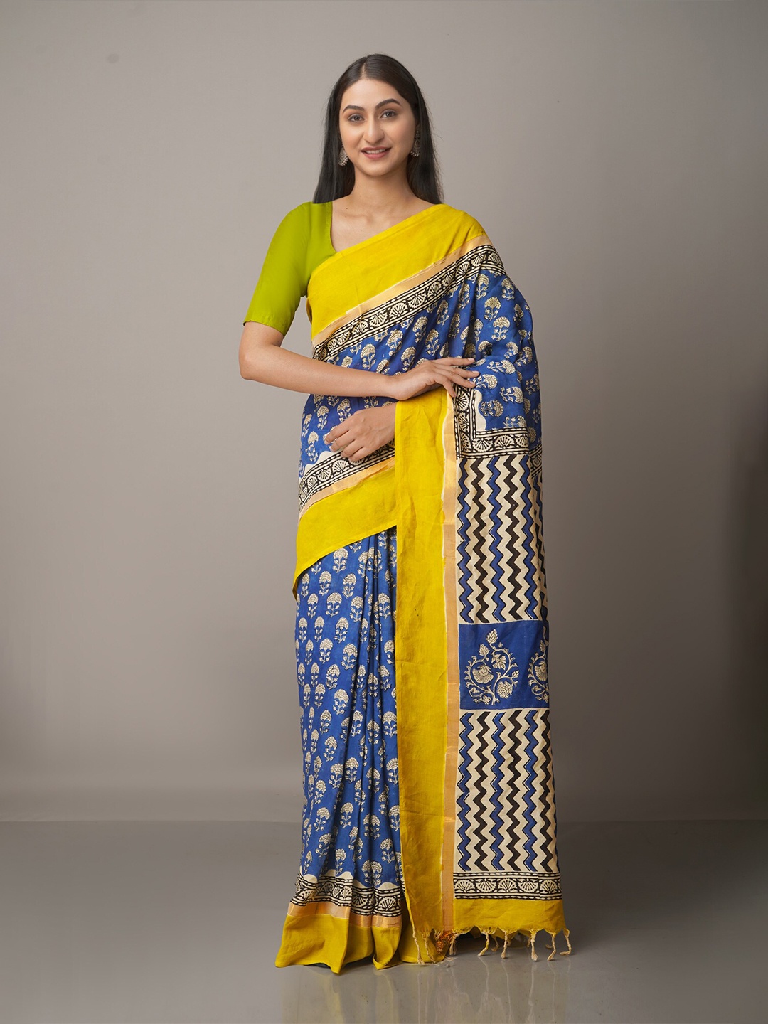 

Unnati Silks Blue & Yellow Ethnic Motifs Pure Silk Bagru Saree