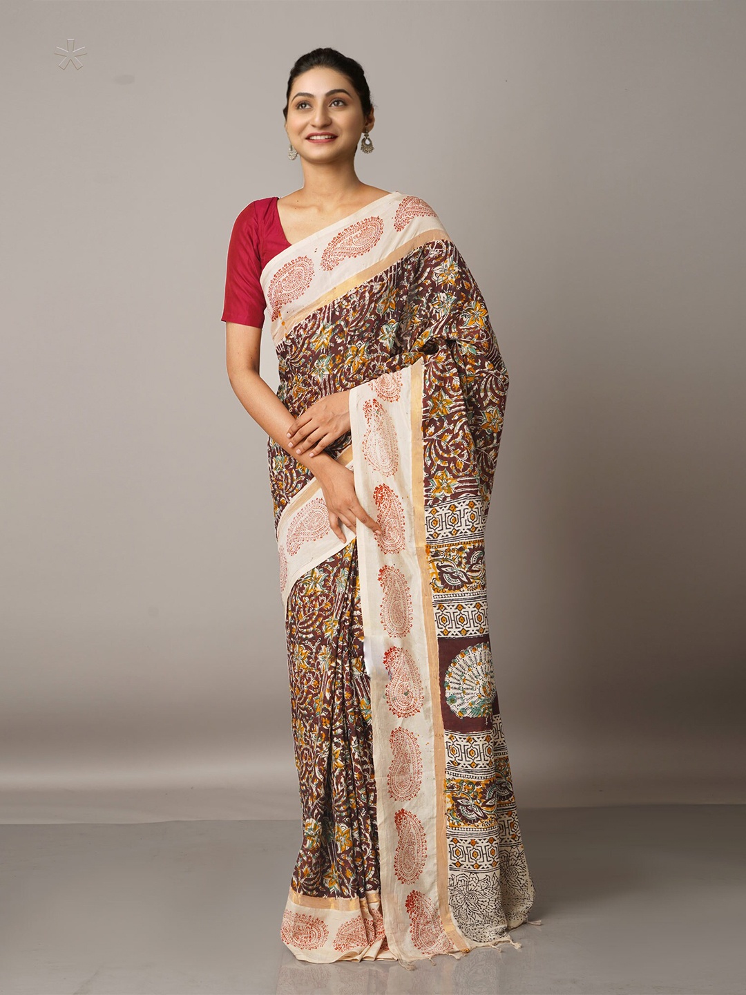 Unnati Silks Cream-Coloured & Maroon Kalamkari Pure Silk Block Print Saree