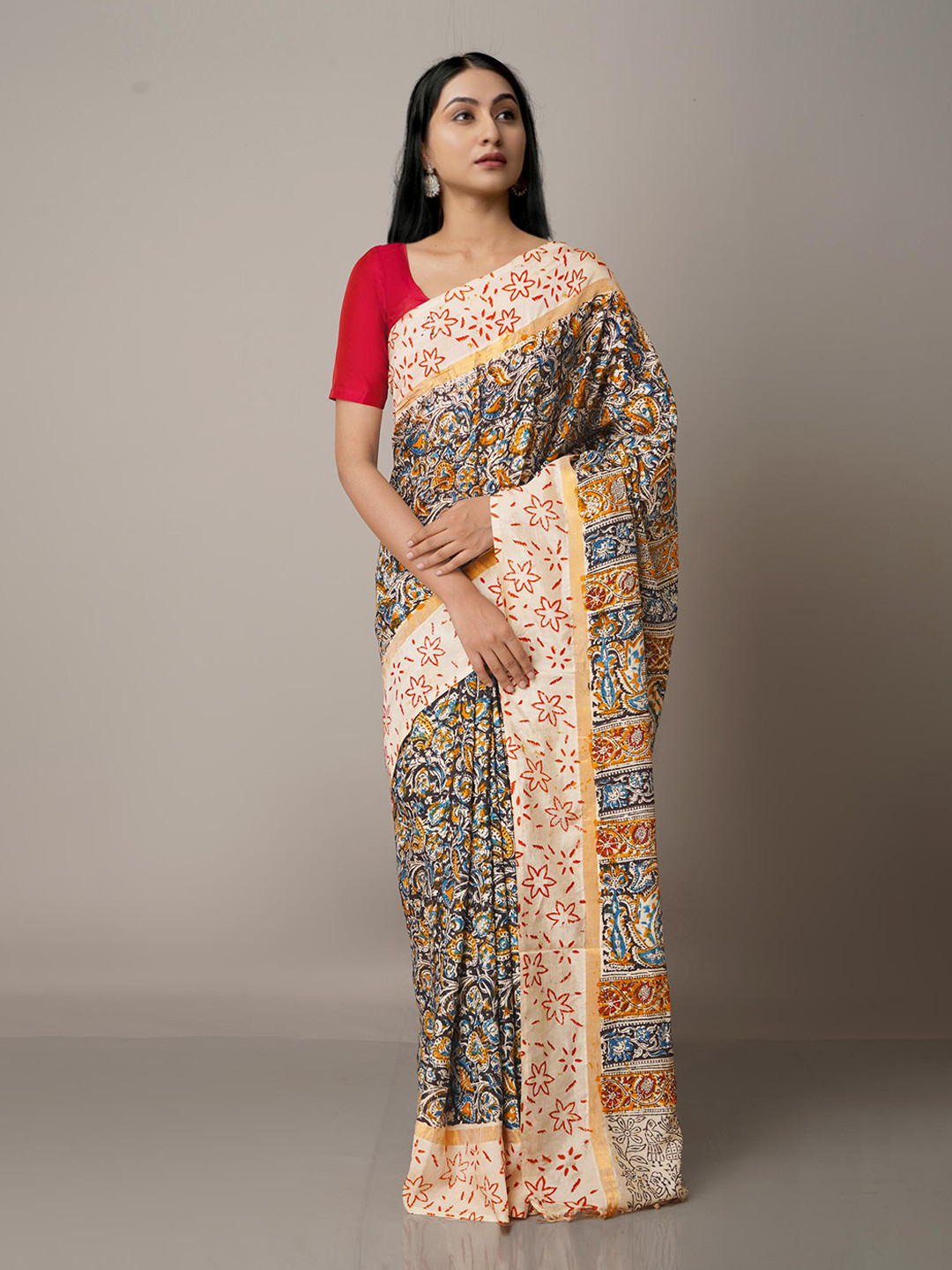

Unnati Silks Grey & Yellow Kalamkari Pure Silk Block Print Saree