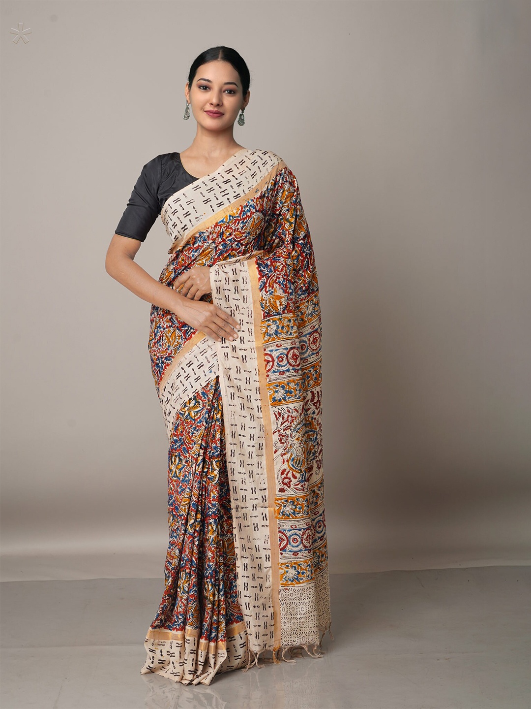 

Unnati Silks Cream-Coloured & Red Kalamkari Pure Silk Block Print Saree