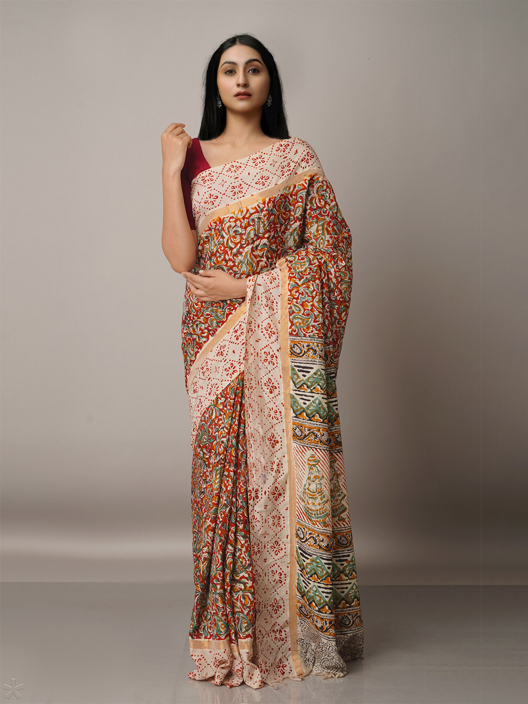 

Unnati Silks Beige & Red Kalamkari Pure Silk Block Print Saree