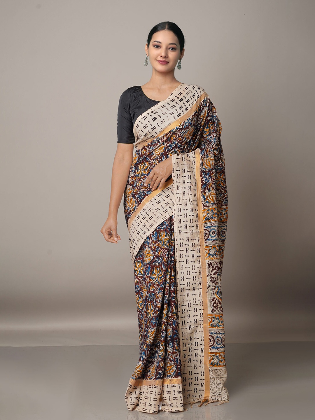 

Unnati Silks Maroon & Blue Kalamkari Pure Silk Block Print Saree