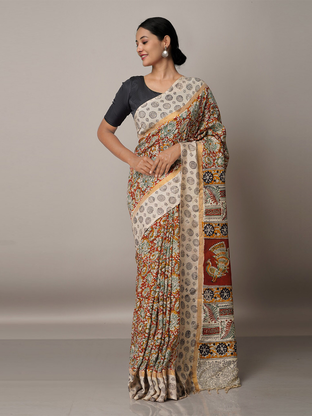 

Unnati Silks Maroon & Cream-Coloured Kalamkari Pure Silk Block Print Saree