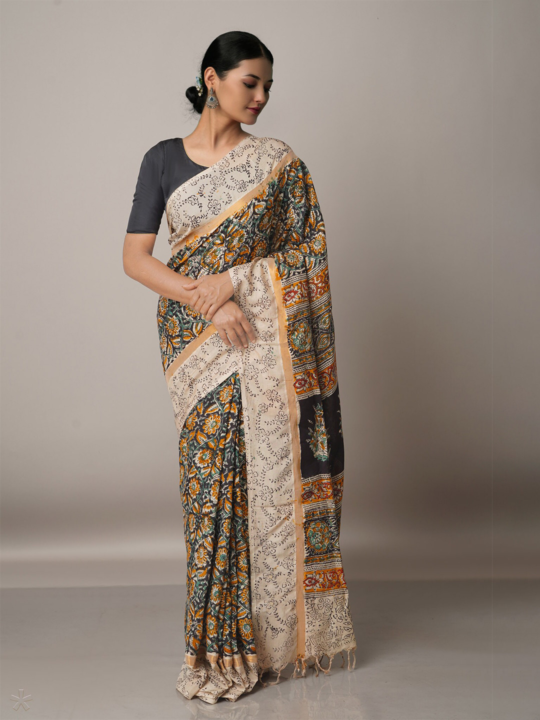

Unnati Silks Cream-Coloured & Yellow Kalamkari Pure Silk Block Print Saree