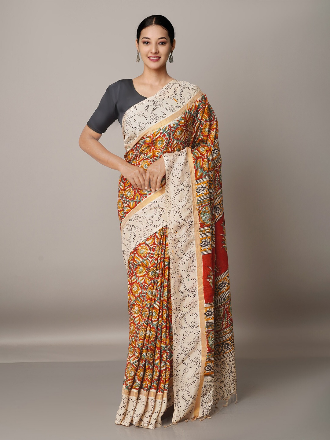 

Unnati Silks Red & Cream-Coloured Kalamkari Pure Silk Block Print Saree