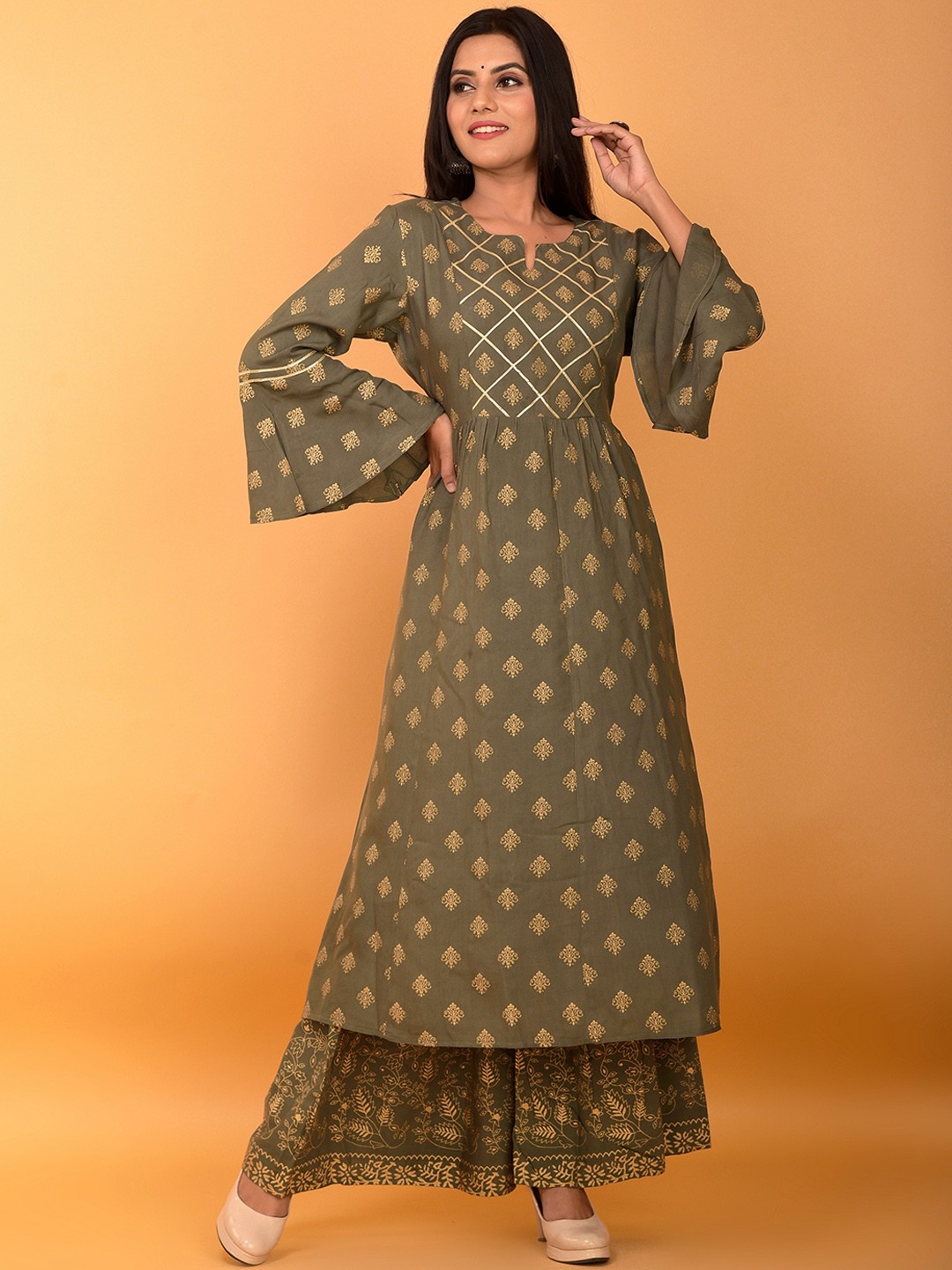 

misbis Women Grey Ethnic Motifs Rayon Kurta with Sharara