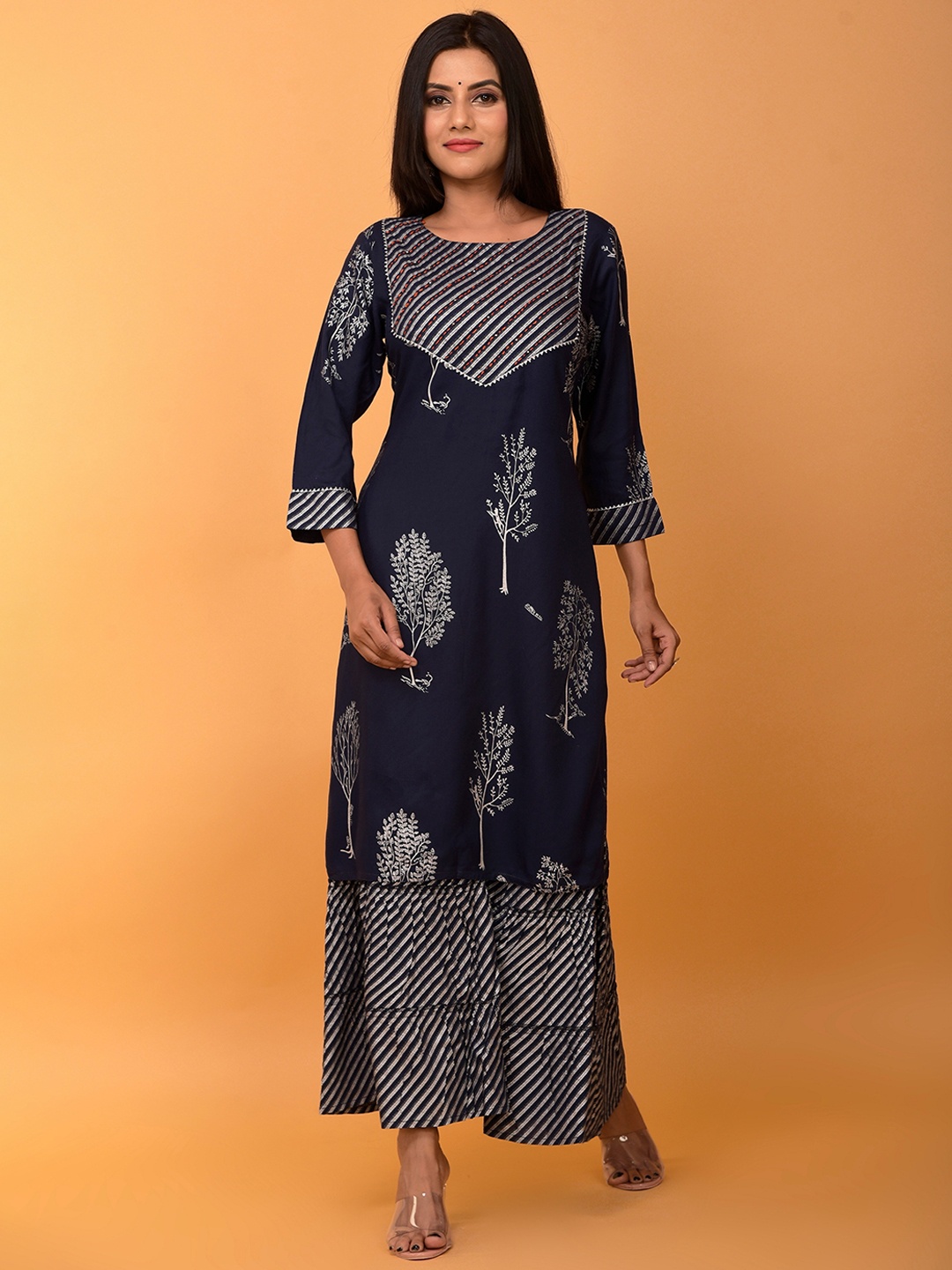 misbis Women Blue Ethnic Motifs Kurta with Sharara