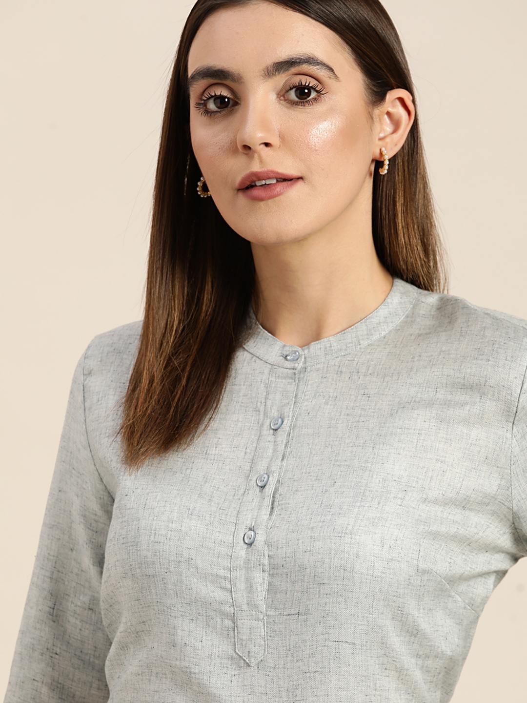 

Hancock Mandarin Collar Slim Fit Shirt Style Cotton Top, Grey melange