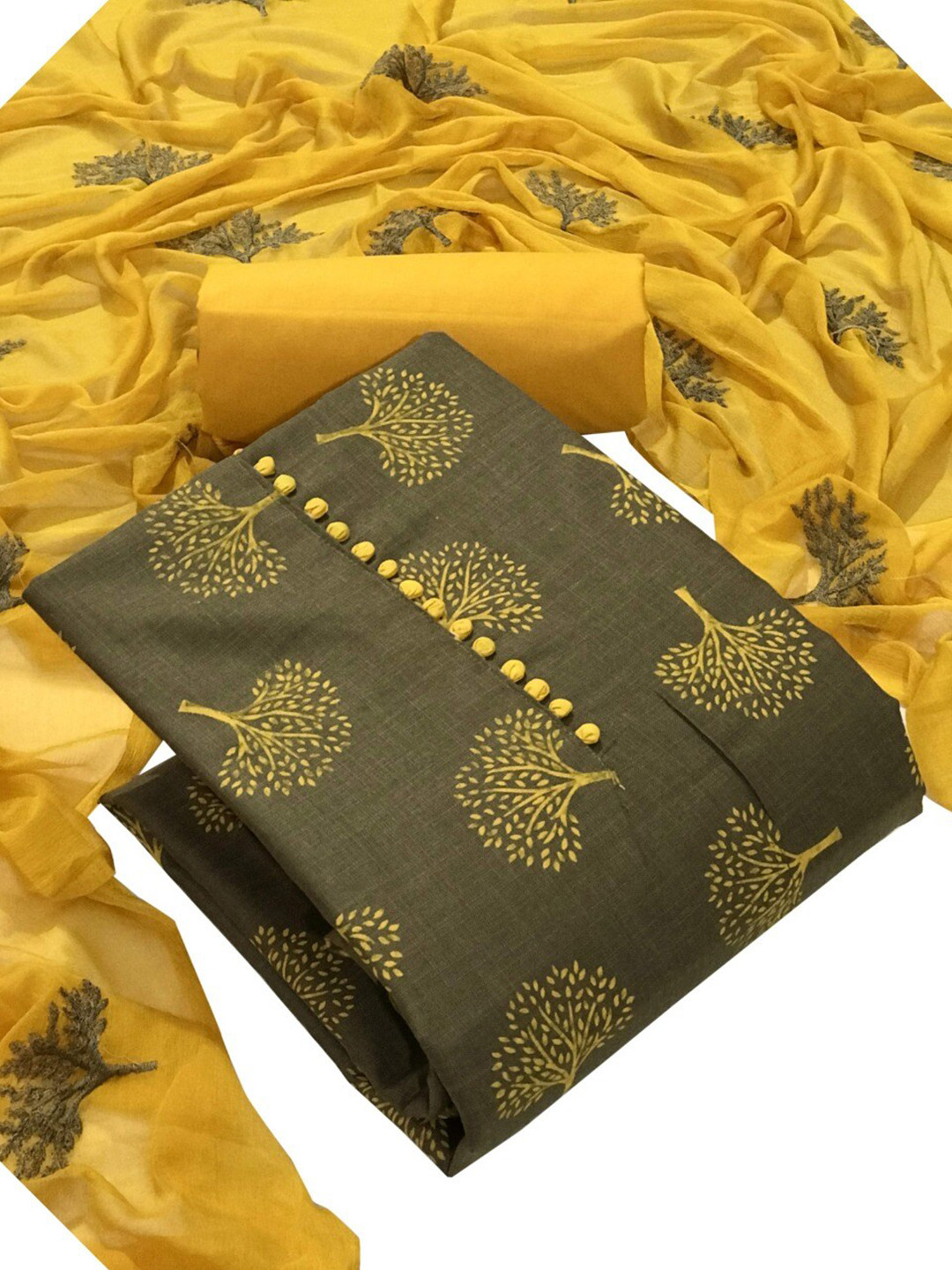 

MORLY Women Brown & Yellow Printed Unstitched Cotton Dress Material, Olive