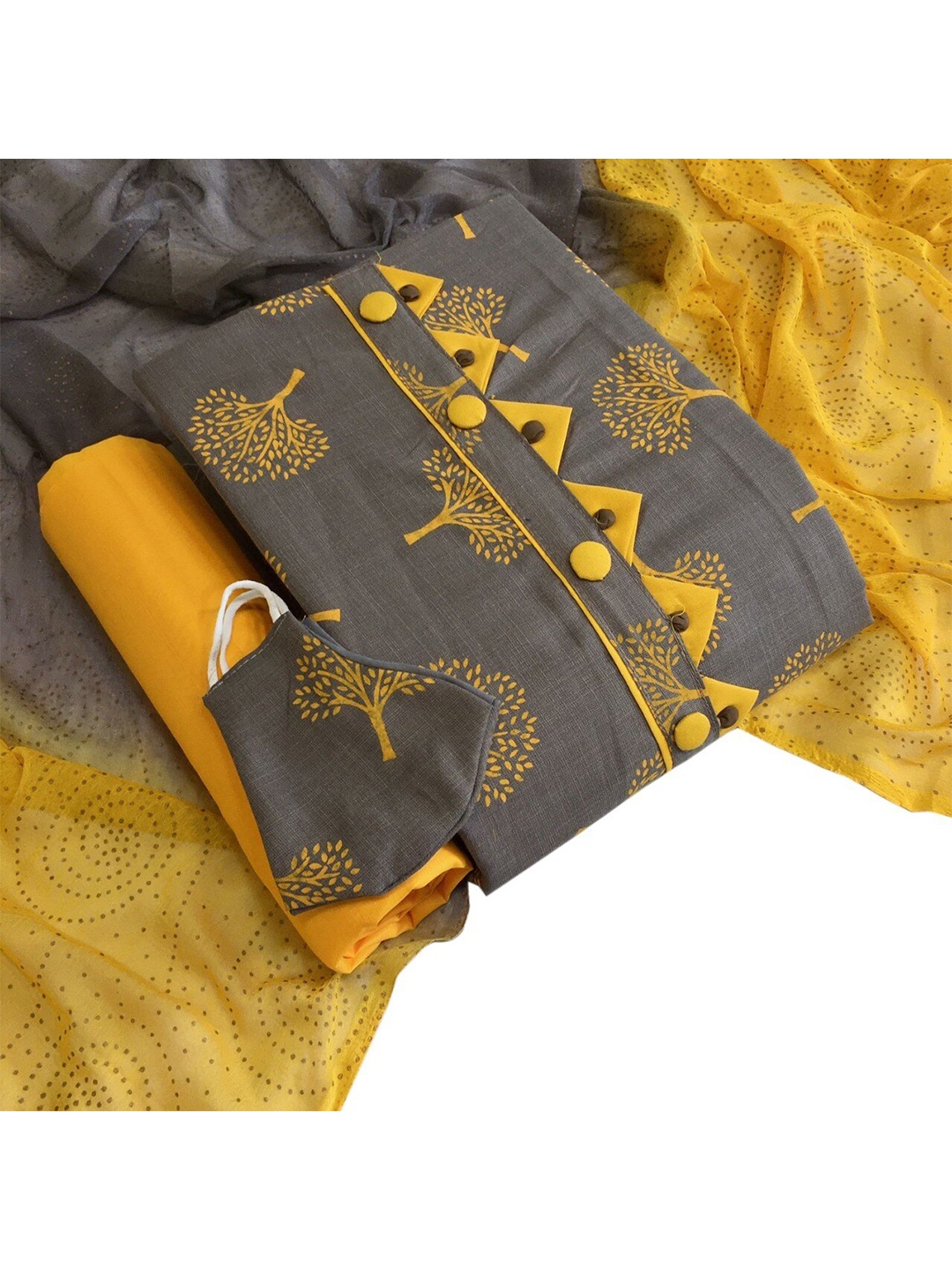

MORLY Grey & Yellow Printed Cotton Blend Unstitched Dress Material