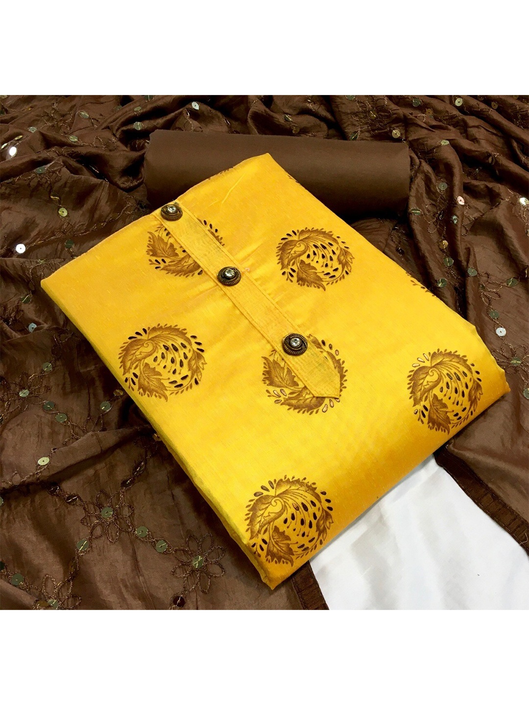 

MORLY Mustard & Brown Printed Unstitched Dress Material