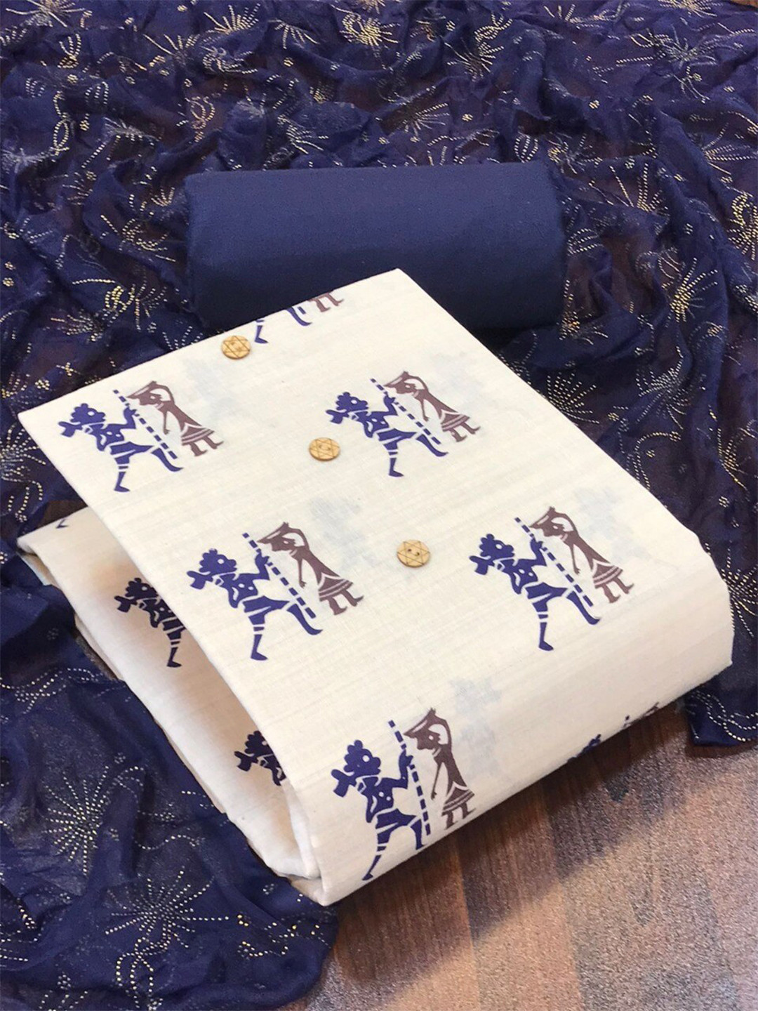 

MORLY Blue & White Printed Unstitched Dress Material