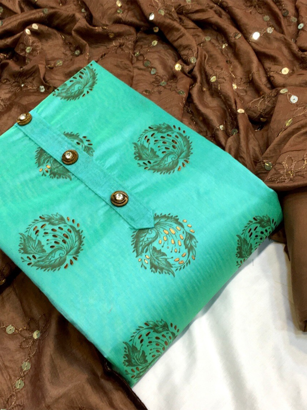 

MORLY Sea Green & Brown Printed Unstitched Dress Material