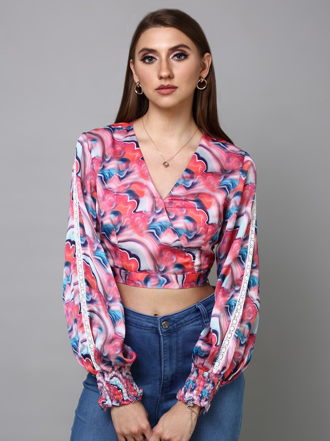

aturabi Pink & Blue Print Wrap Crop Top