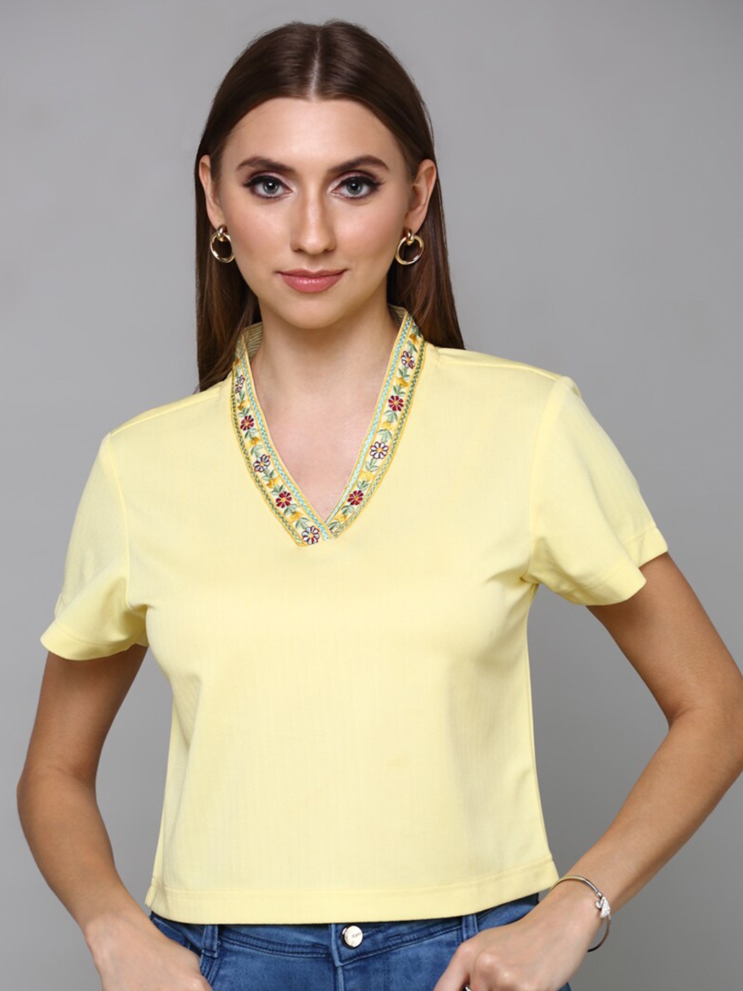 

aturabi Yellow Embroidered neckline Top