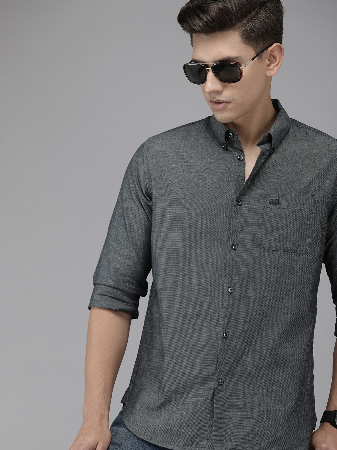 

THE BEAR HOUSE Men Grey Pure Cotton Slim Fit Casual Shirt