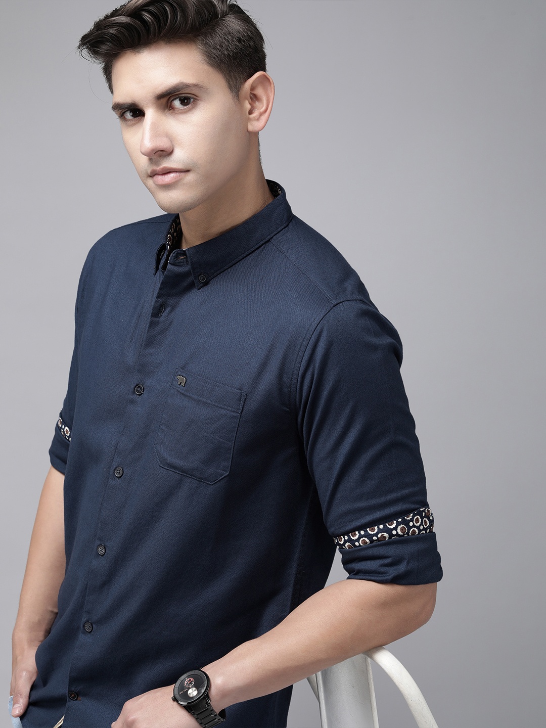 

THE BEAR HOUSE Men Navy Blue Pure Cotton Slim Fit Casual Shirt