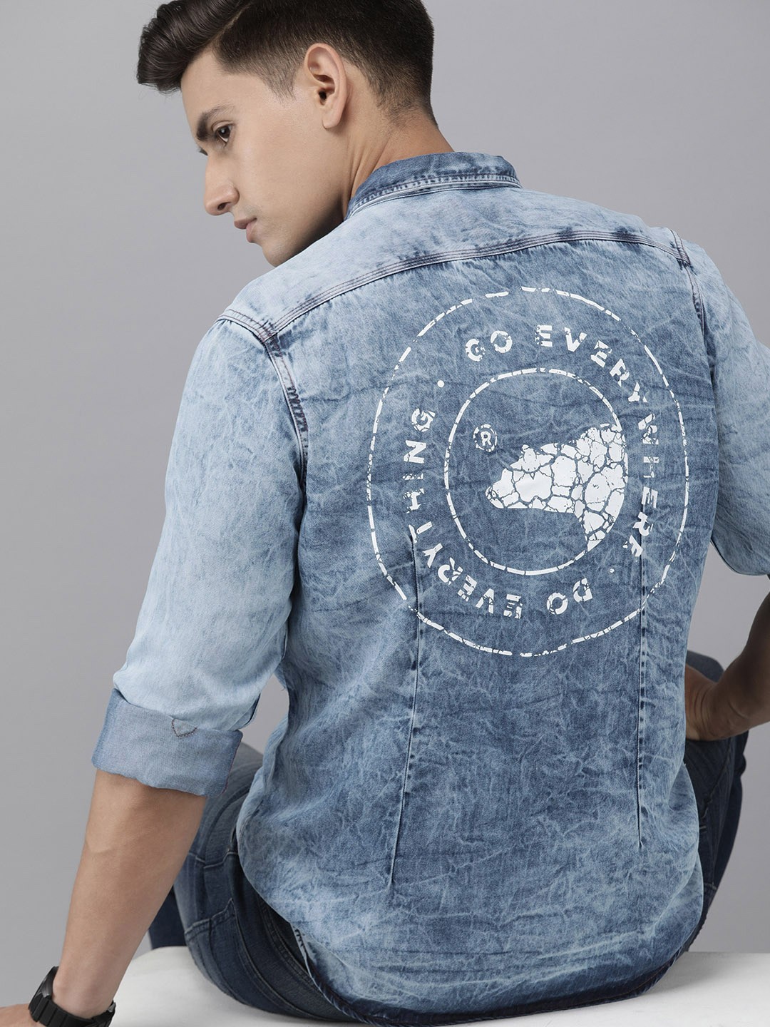 

THE BEAR HOUSE Men Blue Pure Cotton Slim Fit Faded Faded Casual Shirt