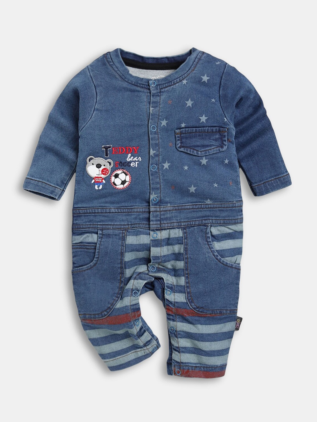 

Hopscotch Infant Boys Blue Printed Graphic Pure Cotton Rompers