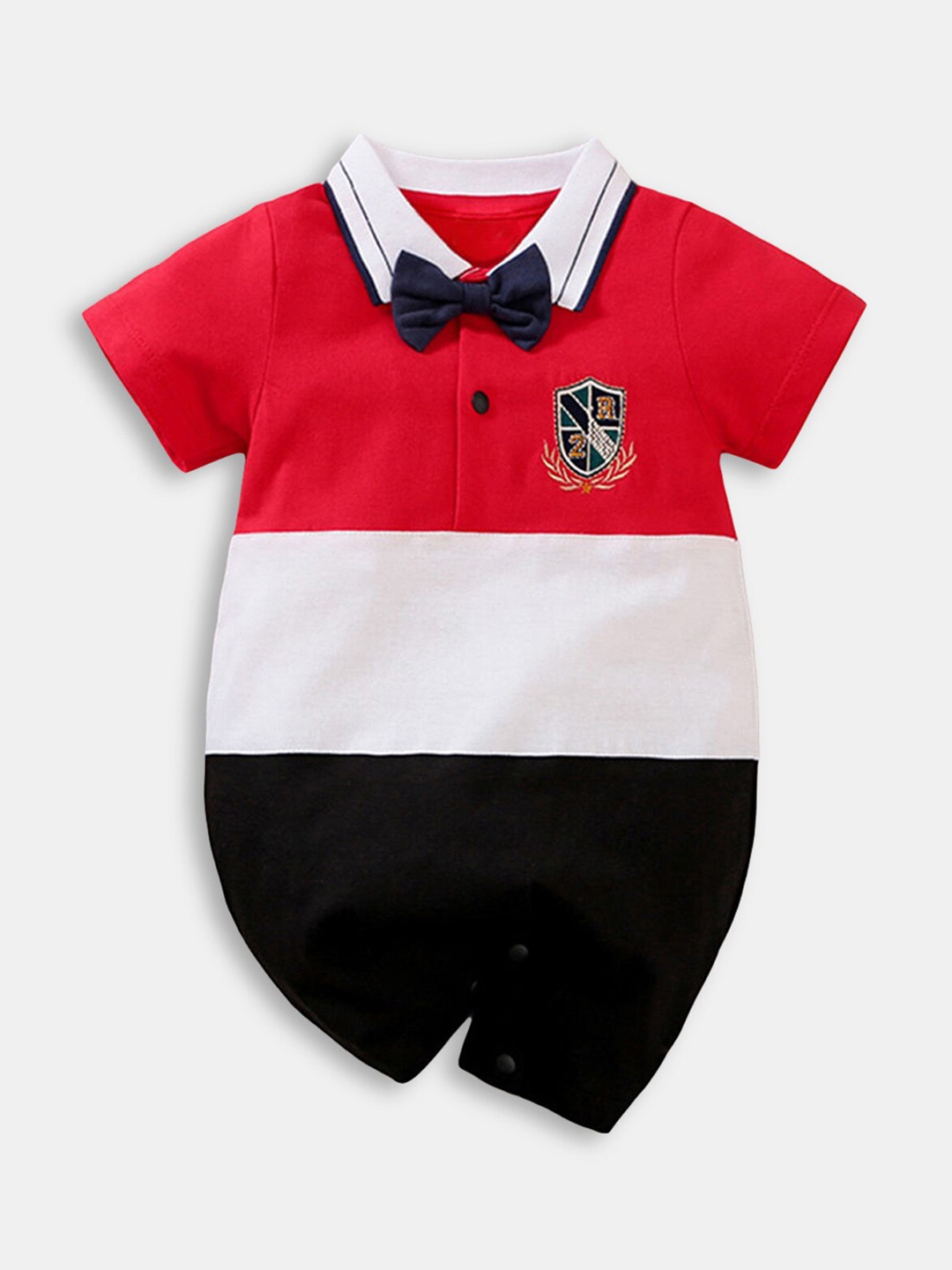 

Hopscotch Infant Boys Red & White Color-Blocked Pure Cotton Bow Applique Rompers