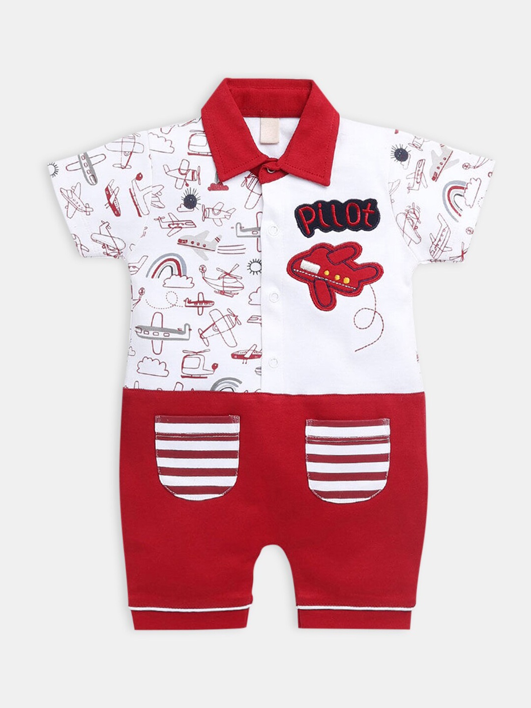 

Hopscotch Infant Boys Maroon Printed Pure Cotton Rompers