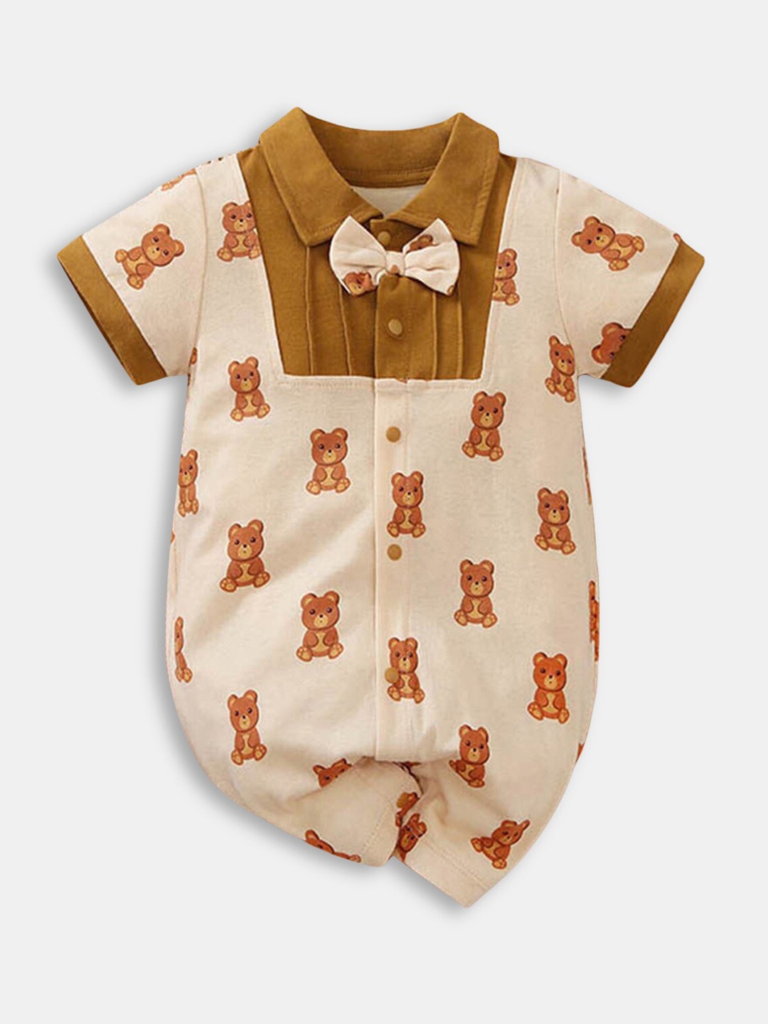 

Hopscotch Infants Kids Brown & Beige Printed Animal Pure Cotton Romper