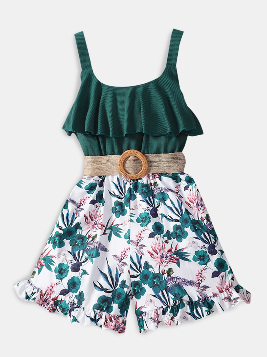 

Hopscotch Girls Green & White Printed Jumpsuit