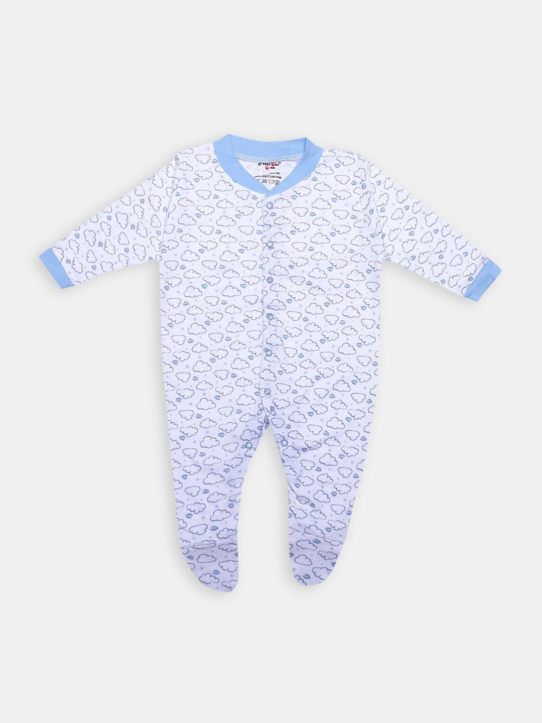 

Hopscotch Unisex Kids White & Blue Printed Pure Cotton Footie Romper