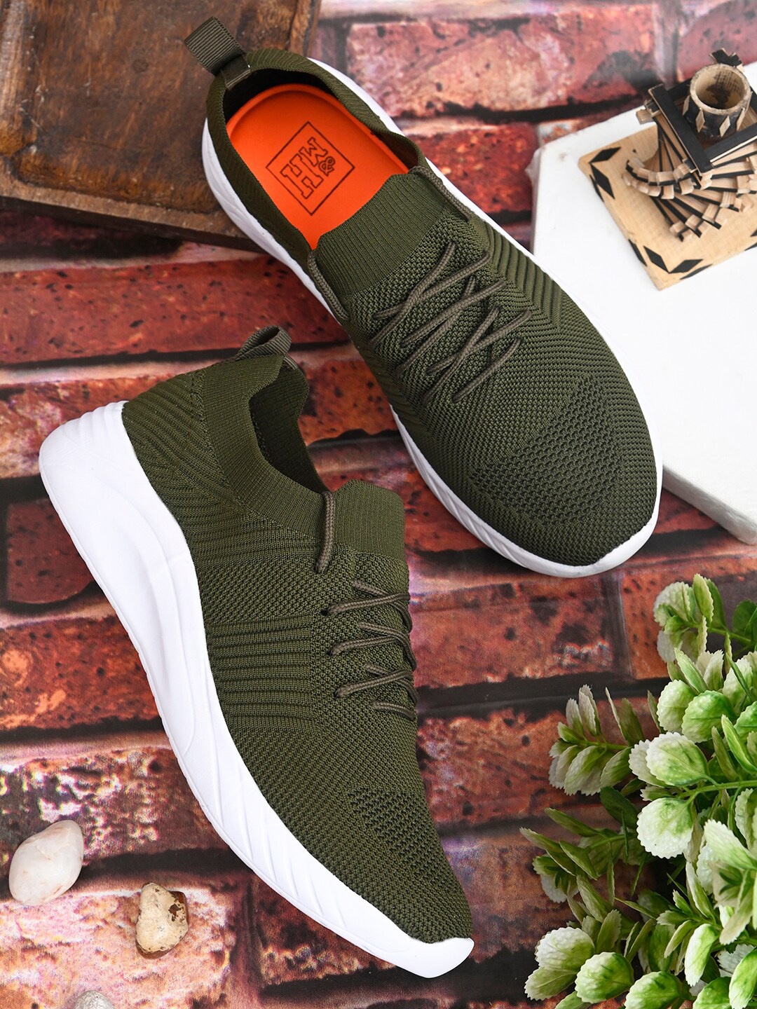 Mast & Harbour Men Olive Green Mesh Running Non-Marking Shoes