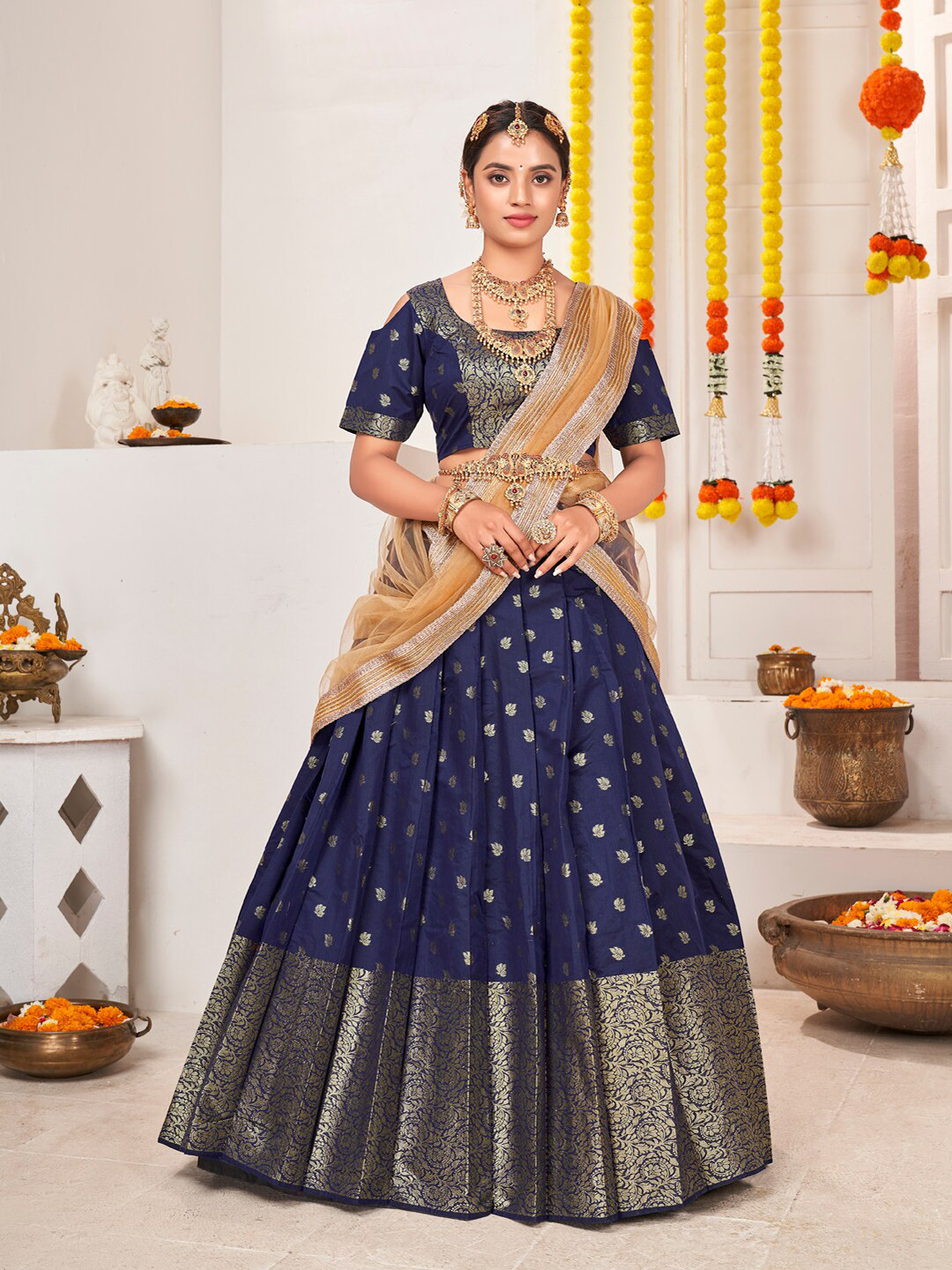 

SHOPGARB Blue & Beige Semi-Stitched Lehenga & Unstitched Blouse With Dupatta