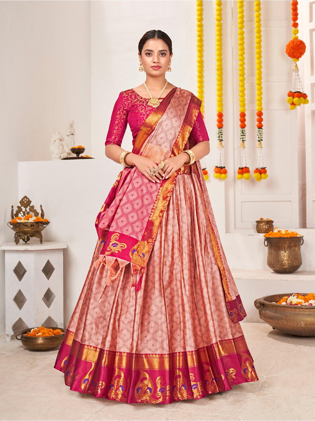 SHOPGARB Pink & Beige Semi-Stitched Lehenga & Unstitched Blouse With Dupatta