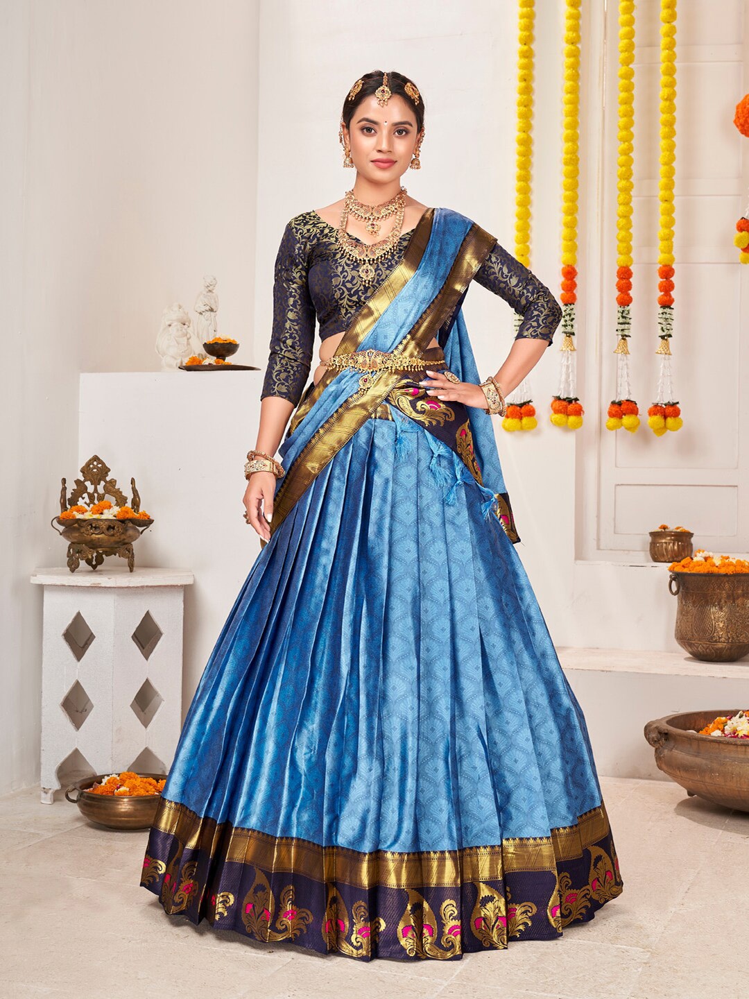 SHOPGARB Blue & Gold-Toned Semi-Stitched Lehenga & Unstitched Blouse With Dupatta