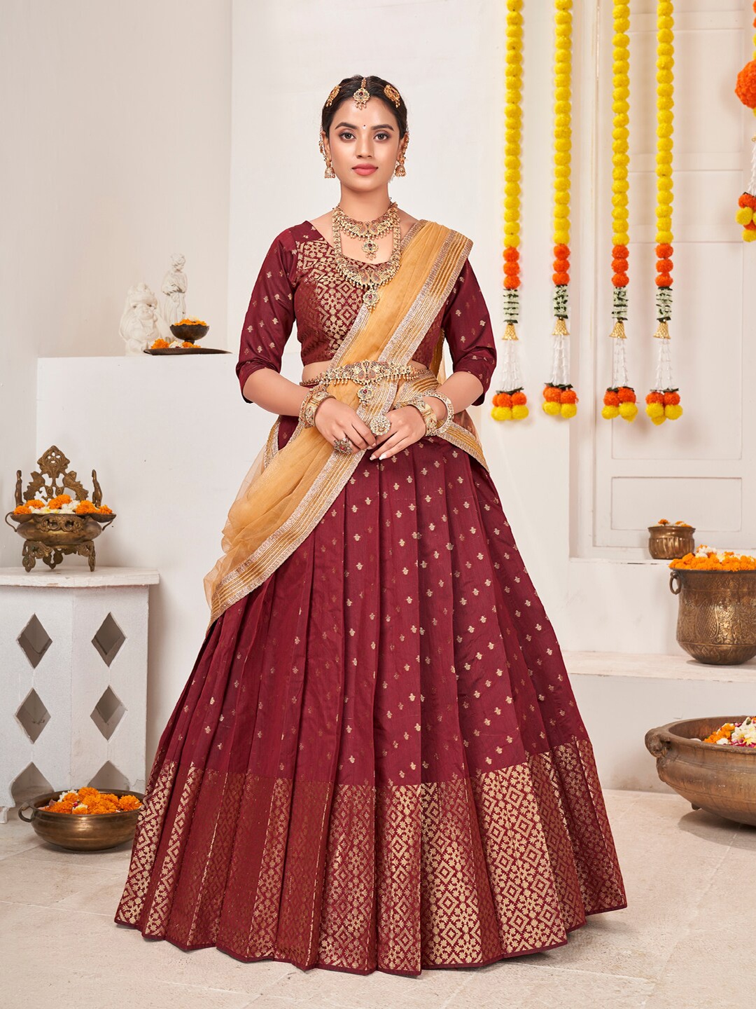 

SHOPGARB Maroon & Peach-Coloured Semi-Stitched Lehenga & Unstitched Blouse With Dupatta