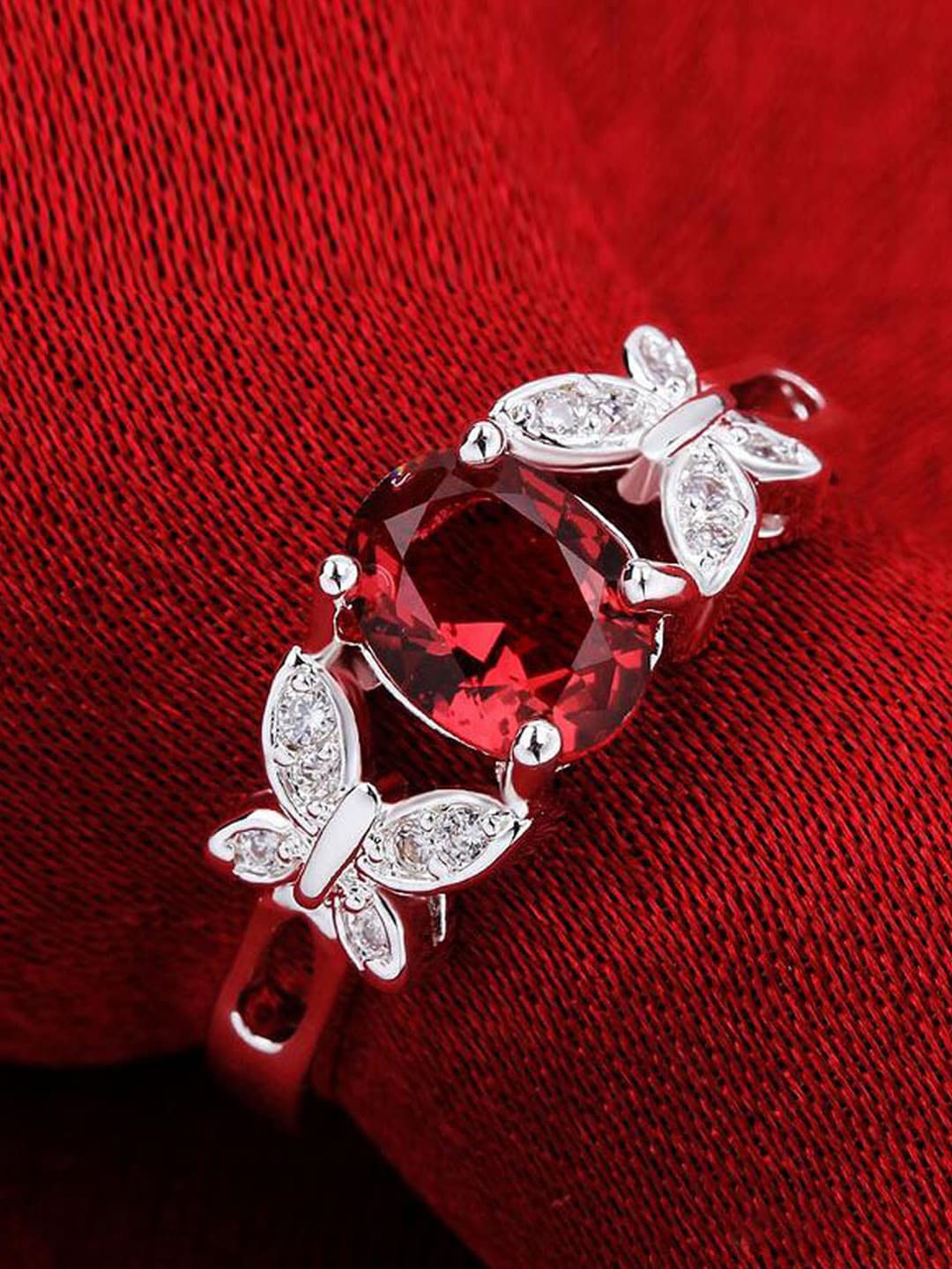 

Designs By Jewels Galaxy Silver-Plated Red & White CZ Studded Adjustable Ring