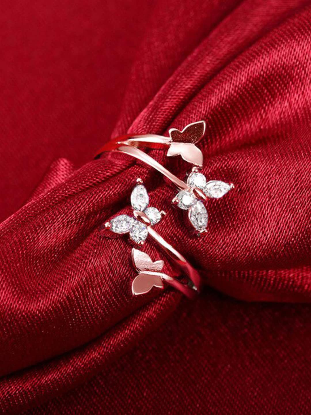 

Designs By Jewels Galaxy Rose Gold-Plated & Toned White Crystals Studded Butterfly Finger Ring