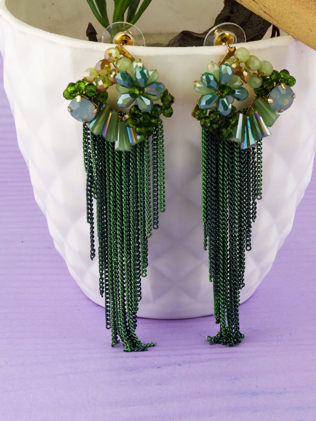 

Designs By Jewels Galaxy Green Gold-Plated Tasselled Drop Earrings