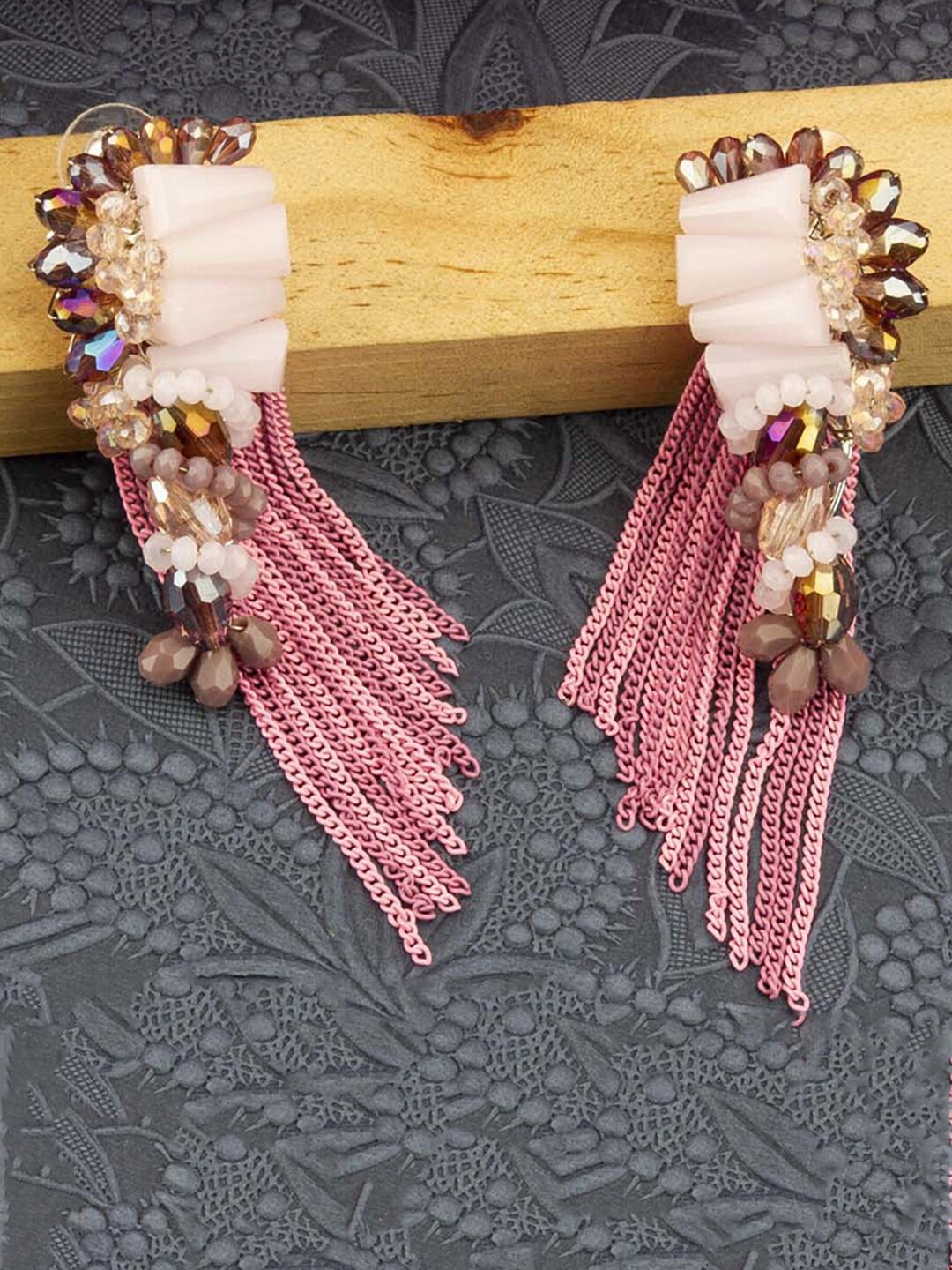 

Designs By Jewels Galaxy Pink Contemporary Beaded Tasseled Drop Earrings