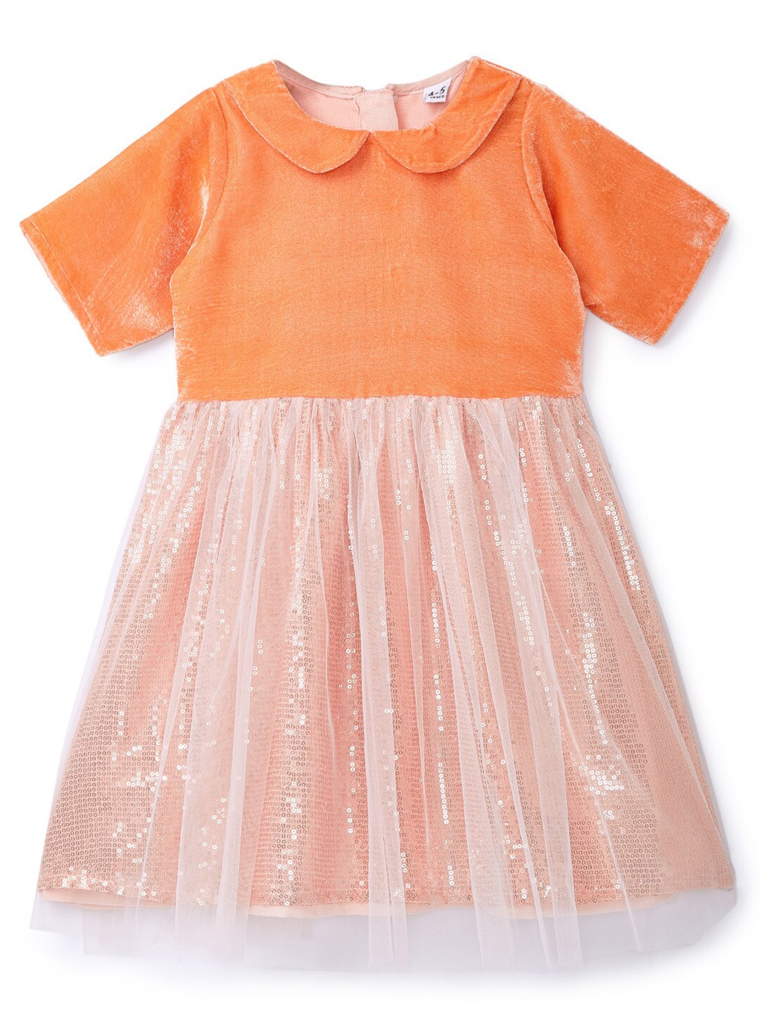 

HERE&NOW Kids Girls Peach Peter Pan Collar Sequins Embellished Velvet Dress