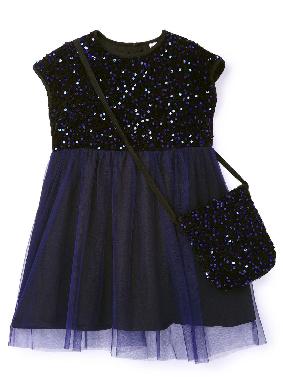 HERE&NOW Girls Navy Blue Embellished Net Dress