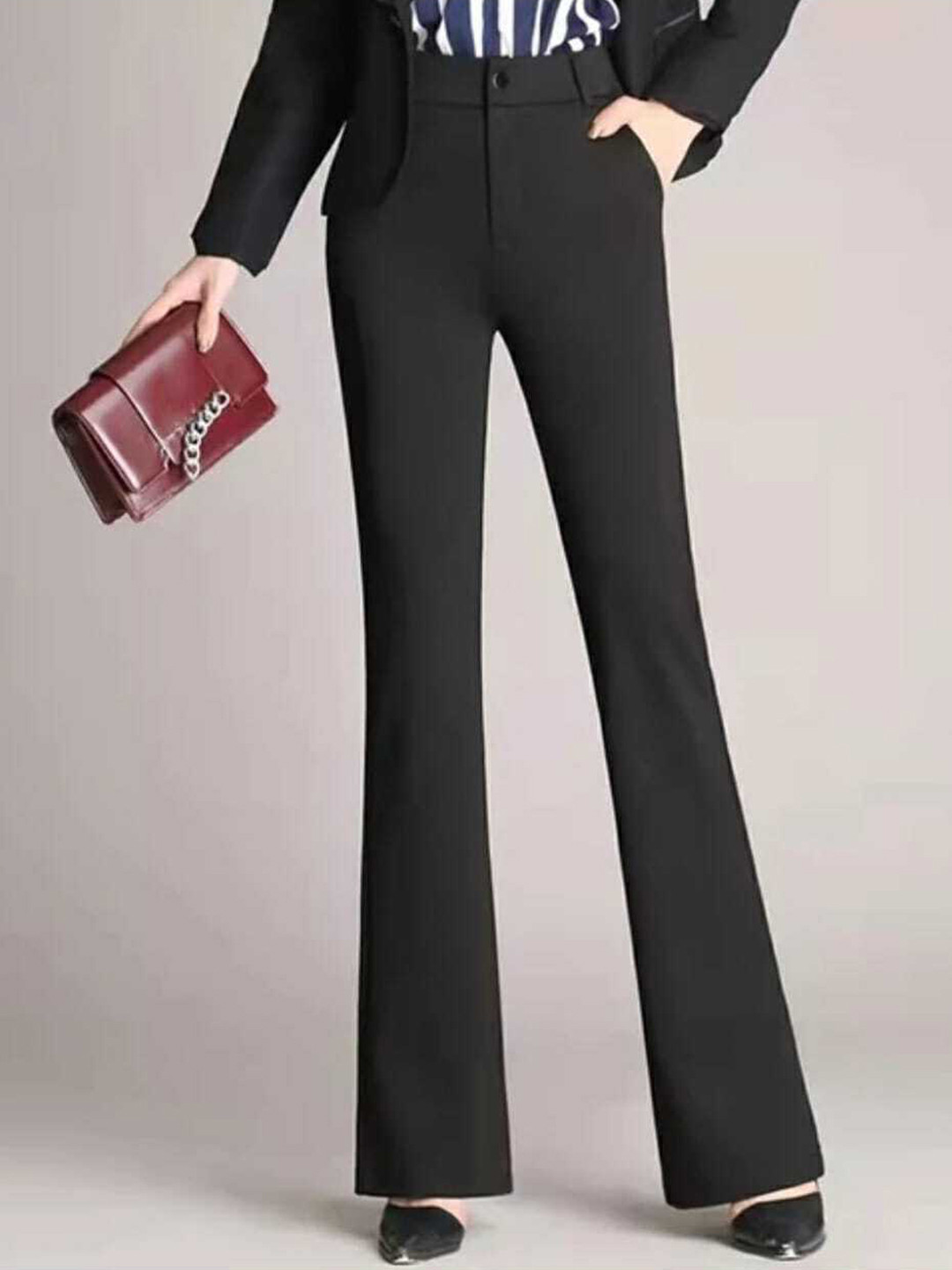 

BROADSTAR Women Black Relaxed Straight Leg Flared High-Rise Easy Wash Trousers