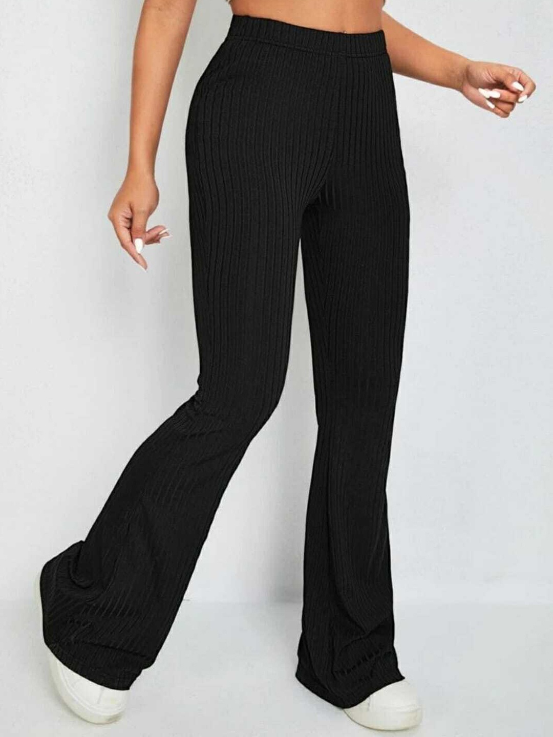 

BROADSTAR Women Black Striped Relaxed Flared Leg High Rise Easy Wash Trouser