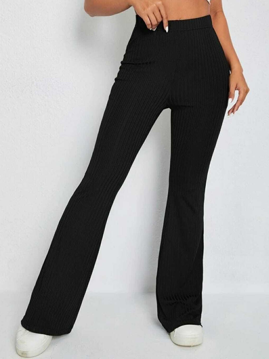 

BROADSTAR Women Black Striped Relaxed Straight Leg Flared High-Rise Easy Wash Trousers