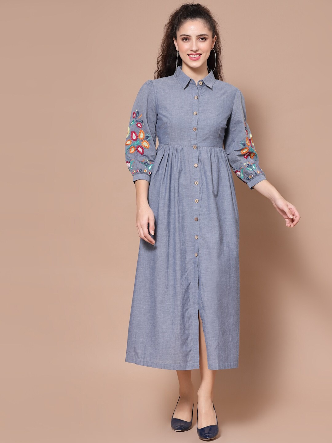 

HOUSE OF KKARMA Grey Floral Embroidered Shirt Midi Dress