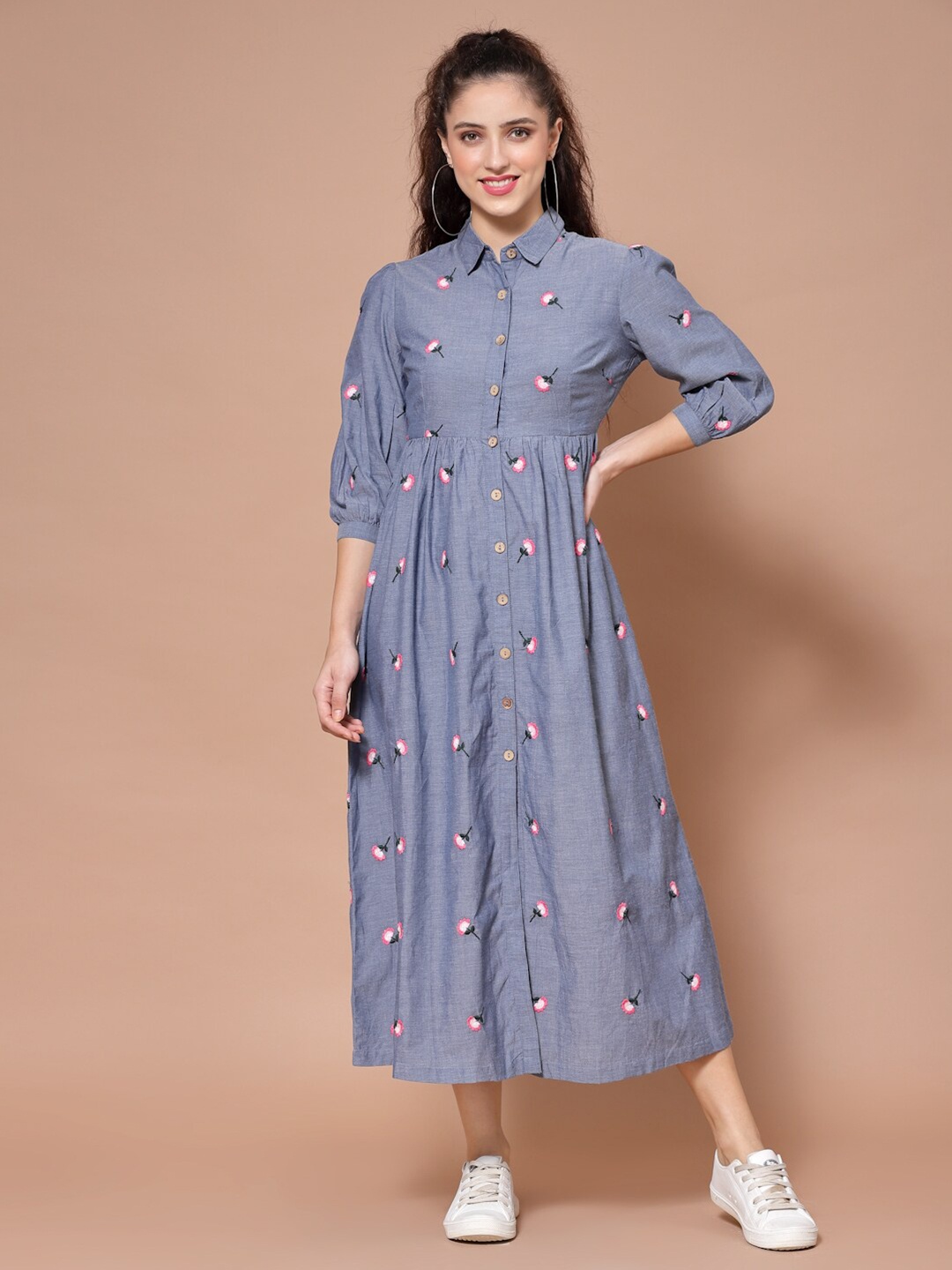 

HOUSE OF KKARMA Grey & Pink Cotton Floral Embroidered Shirt Midi Dress