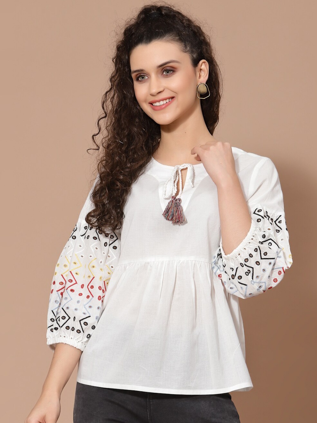 

HOUSE OF KKARMA Women White Geometric Embroidered Tie-Up Neck Peplum Top