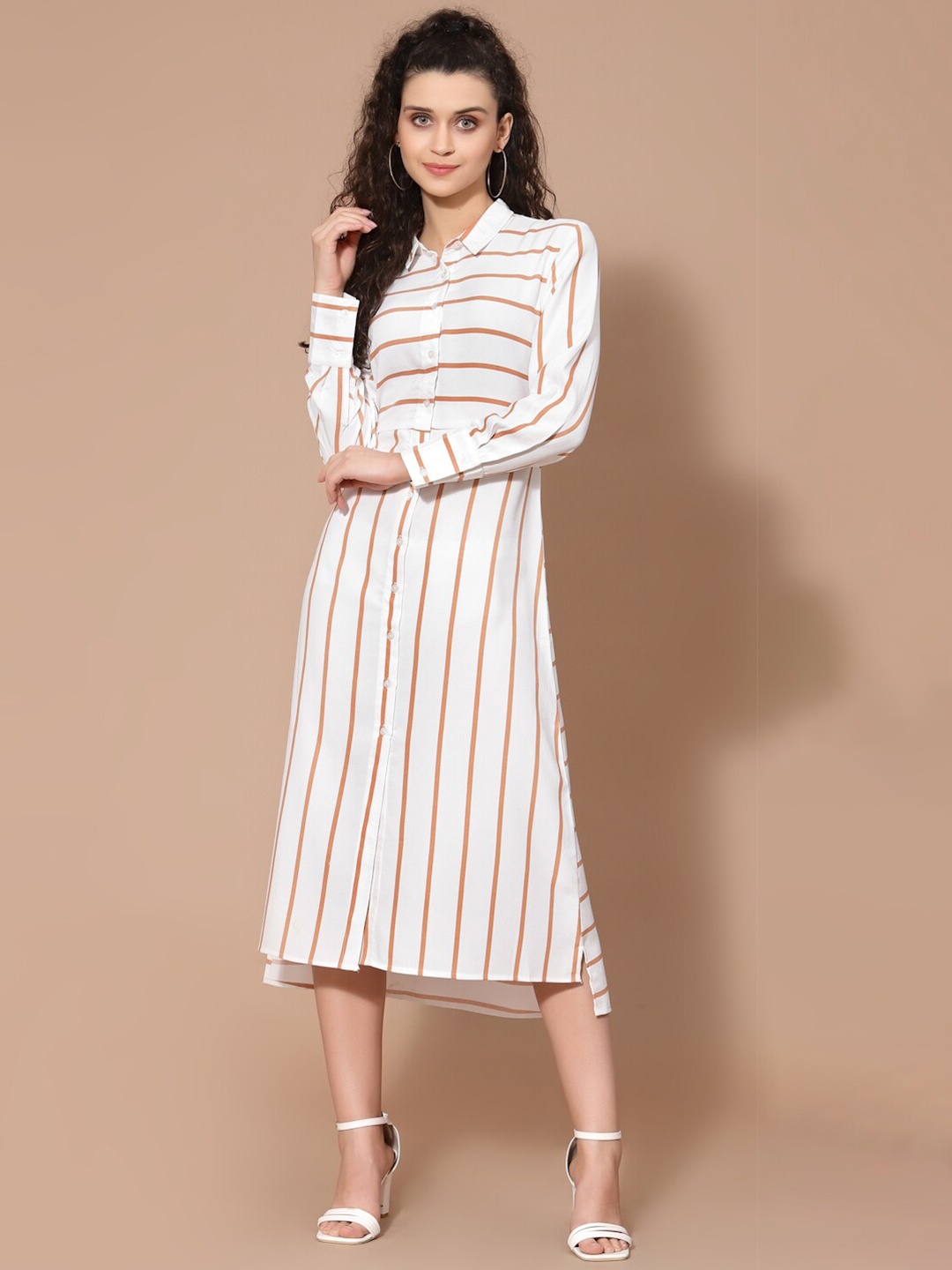 

HOUSE OF KKARMA Women White & Brown Striped Shirt Style Midi Dress