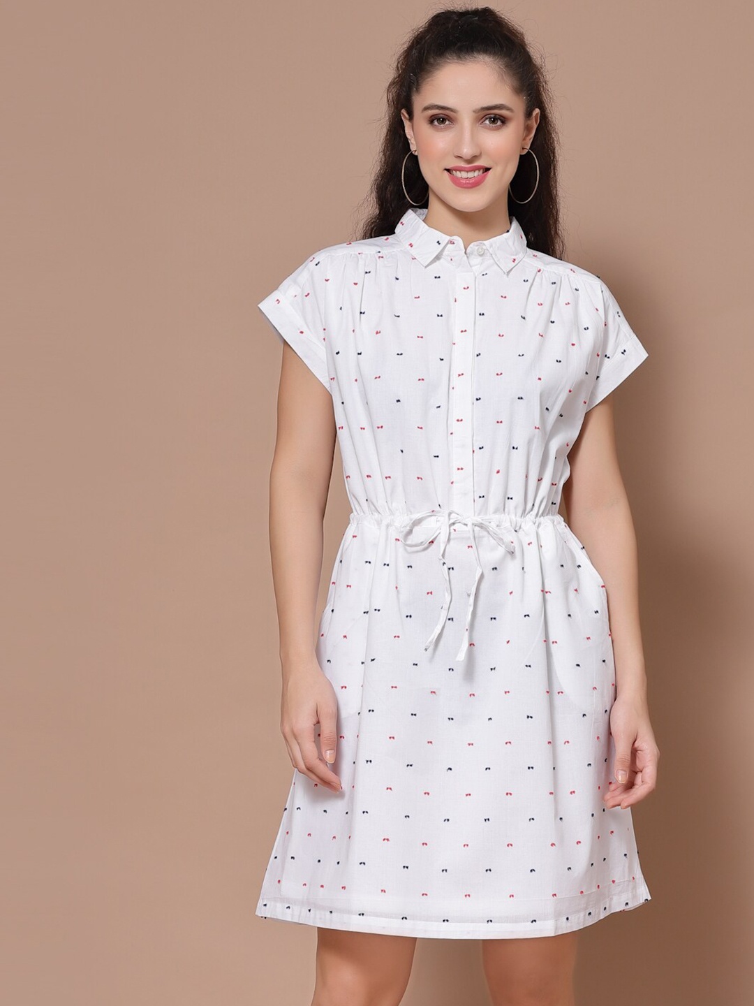 

HOUSE OF KKARMA Women White Short Sleeves Cotton Mini Shirt Dress