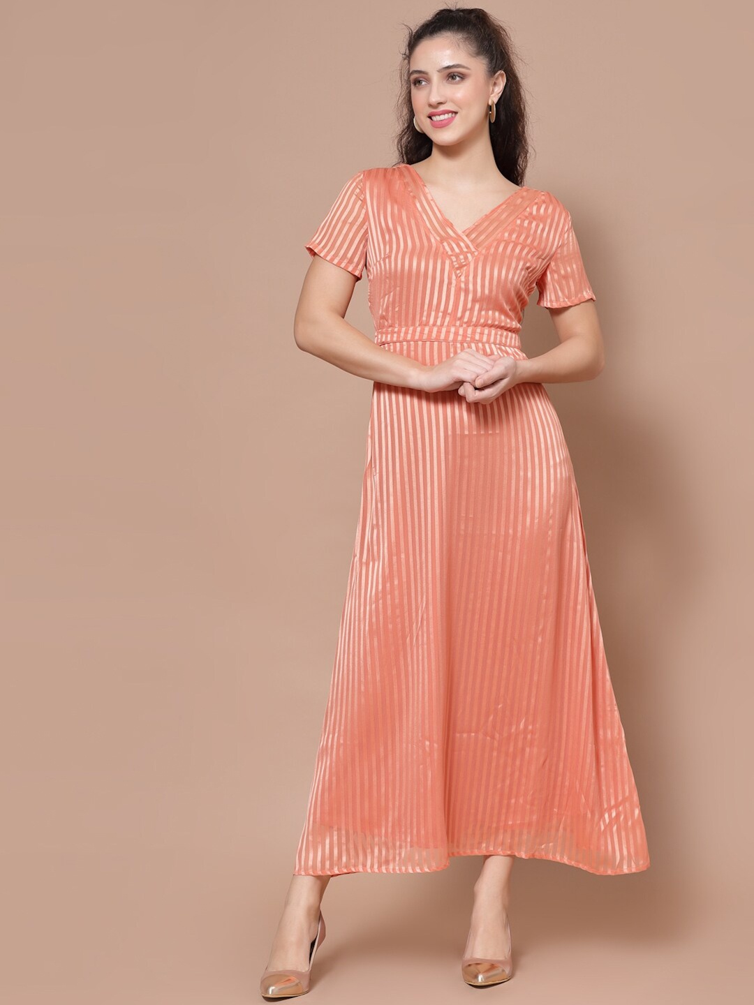 HOUSE OF KKARMA Coral Striped Crepe Maxi Dress