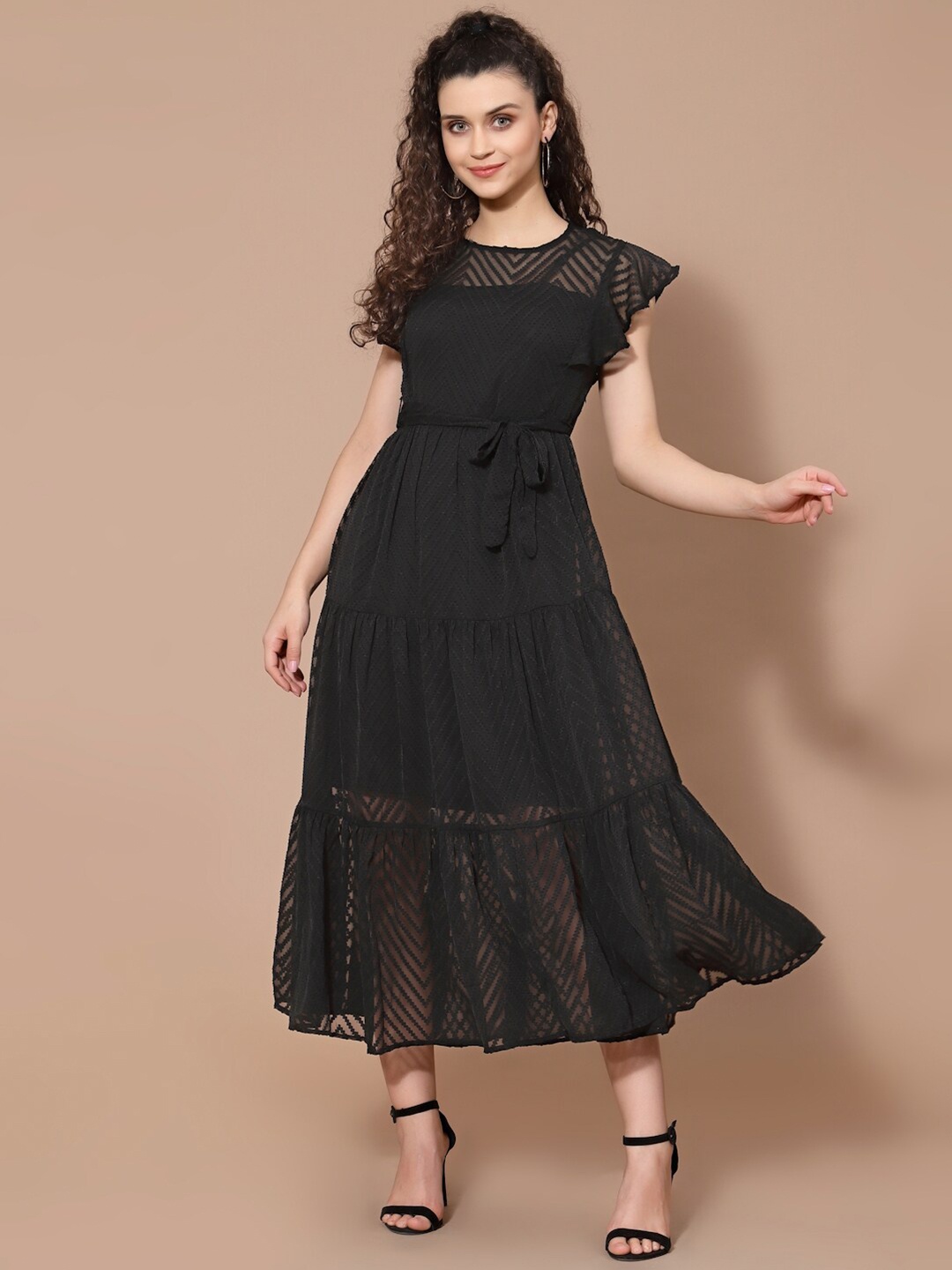 

HOUSE OF KKARMA Black Tiered Crepe Fit & Flare Dress